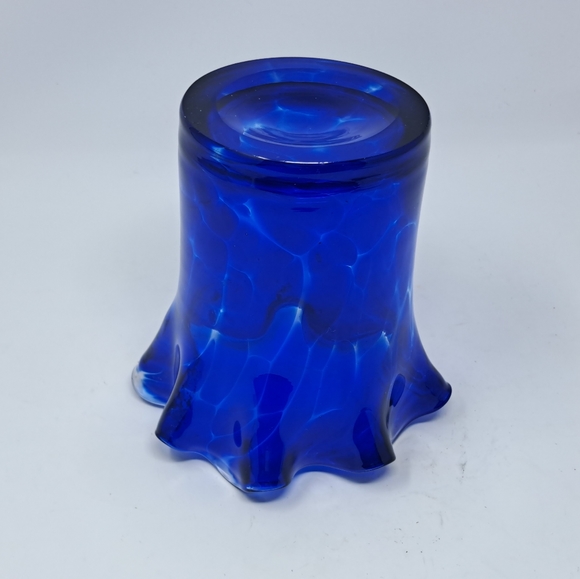 Blue Art Glass Vase With Ruffled Type Edge - Picture 2 of 4